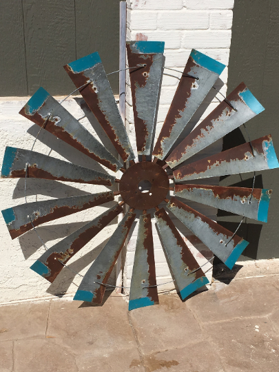 47 Inch Rustic Windmill with Distressed Blue Tips