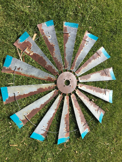 47 Inch Rustic Windmill with Distressed Blue Tips